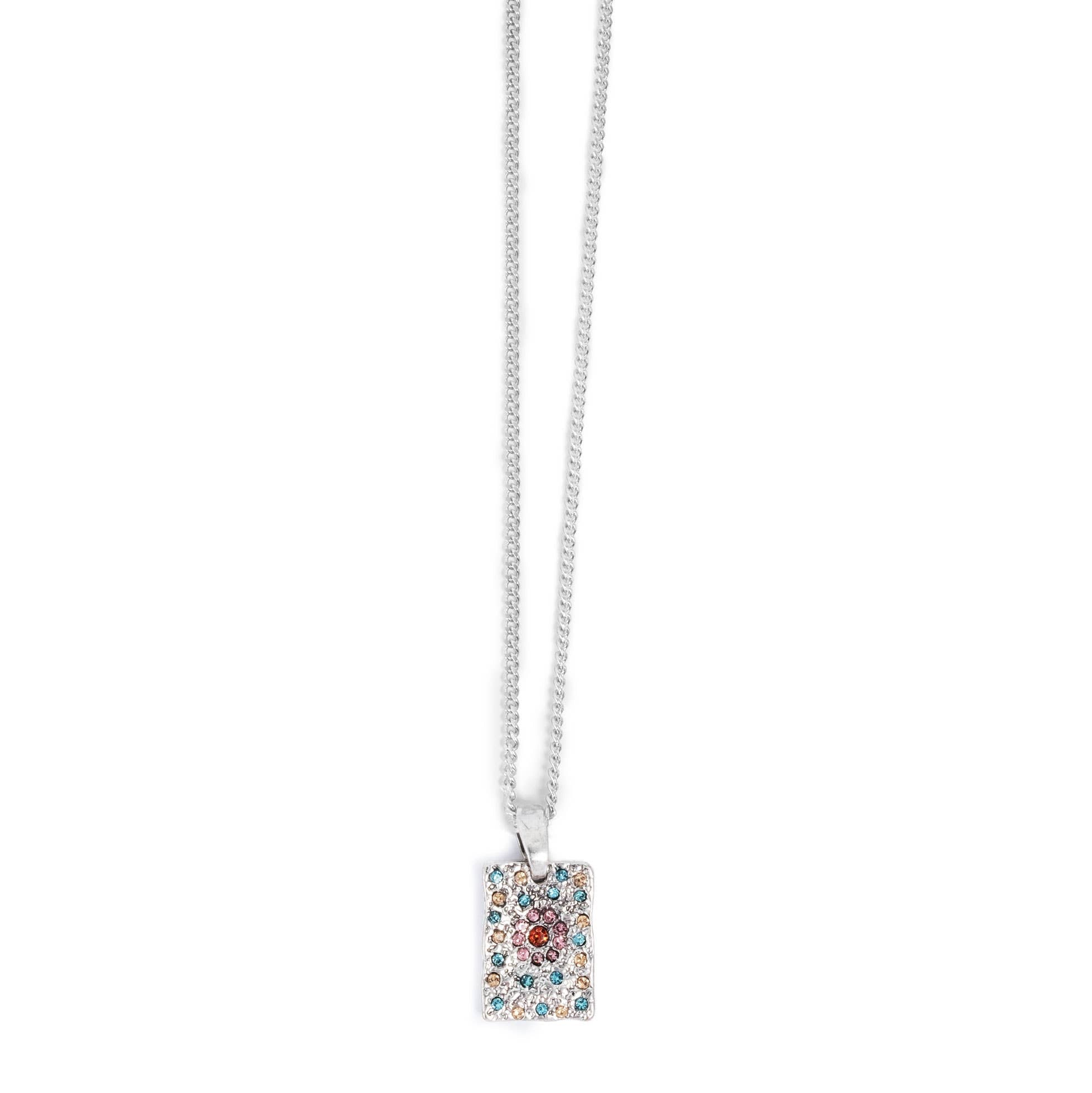 The Necklace: A&C Oslo Vibrance Silver Pendant Necklace features a silver pendant with a rectangular charm decorated with blue, pink, and clear gemstones—an elegant choice for any colorful stones necklace collection.