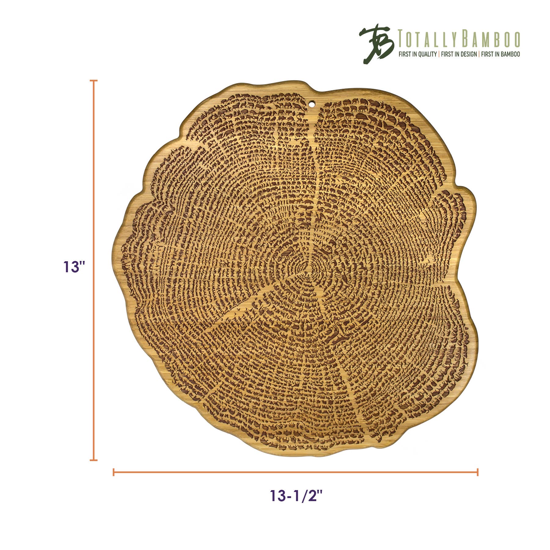 A serving board called the "Tree Of Life 13" features a design reminiscent of a tree cross-section, measuring 13 inches in diameter. Crafted from sustainable bamboo, it bears the Totally Bamboo logo in the top right corner and showcases an elegant design.