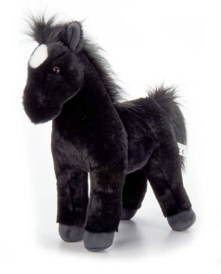 A plush of a standing black horse with a star on its forehead is showcased against a plain white background, capturing the charm of a 12" pony stuffed animal.