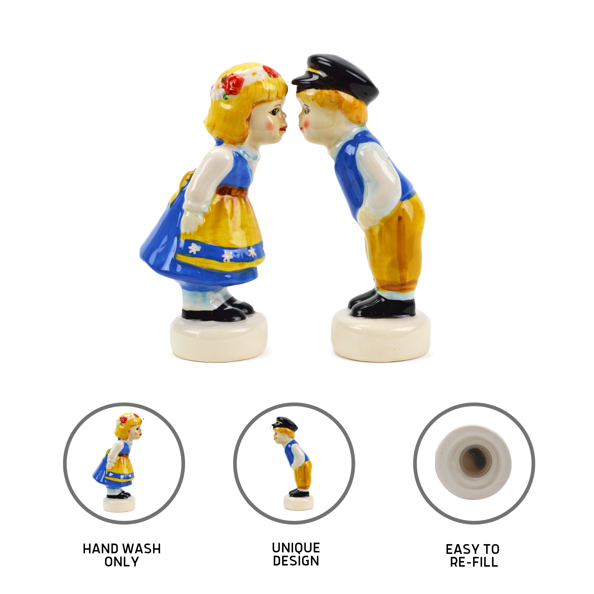 The Vintage Salt & Pepper Shakers Swedish Standing Couple set showcases a delightful design of a boy and girl facing each other, ideal for enhancing your kitchen with Swedish decor. These shakers come with labels indicating HAND WASH ONLY, UNIQUE DESIGN, and EASY TO RE-FILL.