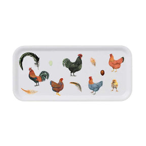 The Tray: Colorful Hens (Hons) on a 6 x 12-inch eco-friendly birch veneer features vibrant chicken, rooster, chick illustrations, feathers, and two eggs—one white and one brown.