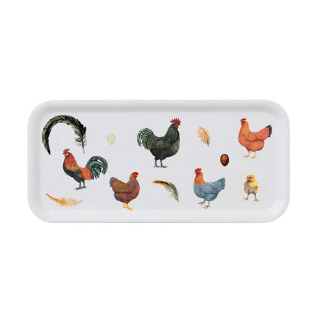 The Tray: Colorful Hens (Hons) on a 6 x 12-inch eco-friendly birch veneer features vibrant chicken, rooster, chick illustrations, feathers, and two eggs—one white and one brown.