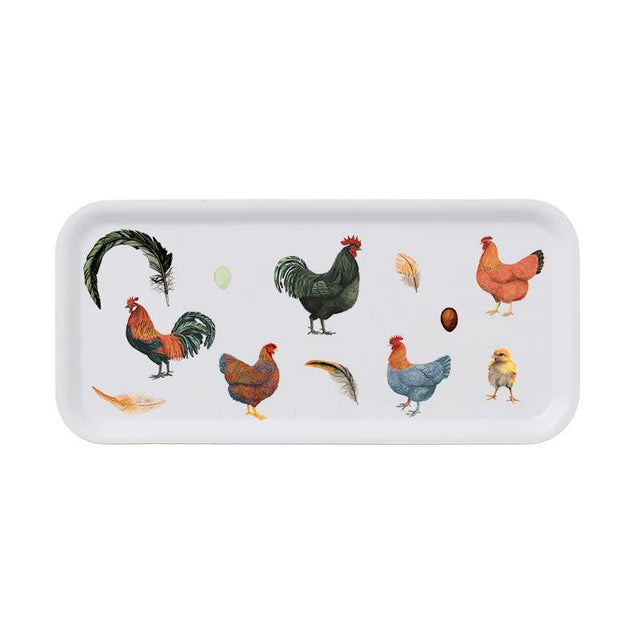 The Tray: Colorful Hens (Hons) on a 6 x 12-inch eco-friendly birch veneer features vibrant chicken, rooster, chick illustrations, feathers, and two eggs—one white and one brown.
