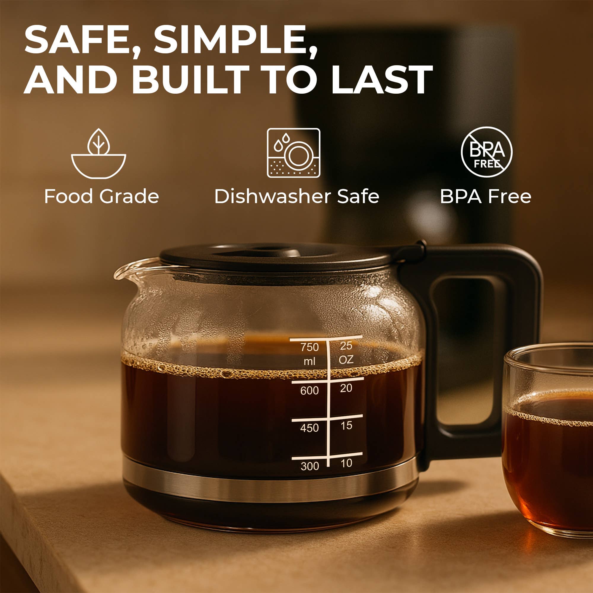 The Kaffe Universal Replacement Coffee Carafe is a 5-cup durable glass pot that’s food grade, dishwasher safe, and BPA free—the ideal replacement for your coffee maker.