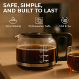 The Kaffe Universal Replacement Coffee Carafe is a 5-cup durable glass pot that’s food grade, dishwasher safe, and BPA free—the ideal replacement for your coffee maker.