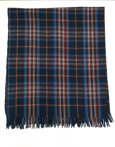The Esprit du Quebec Deluxe Highland Blanket features a blue, brown, and red plaid pattern with fringed edges, displayed flat on a white background.
