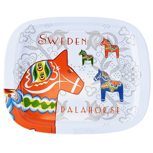 Vibrant Dala horses with detailed patterns are displayed on a beautifully crafted Swedish tray, elegantly labeled Tray: Dala Horse Dalahast Sweden.