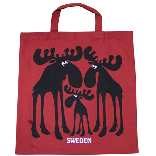 Red tote bag featuring a delightful moose family with "Sweden" elegantly printed beneath.