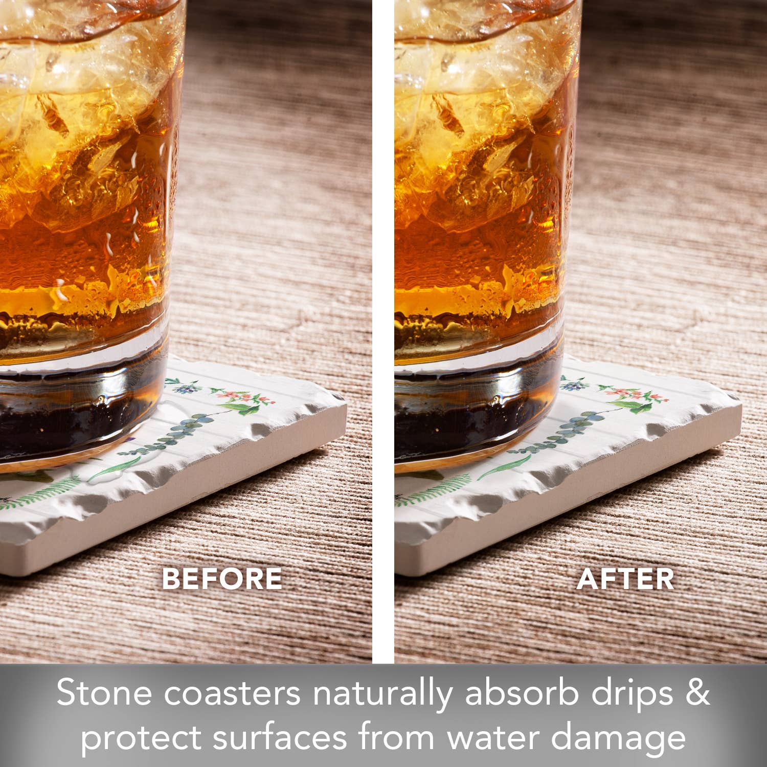 A comparison image shows a Before and After of the Spring Gnomes Tumbled Tile Coaster. The absorbent stone coaster effectively absorbs drips and prevents surface damage, while its rustic design adds elegance to any setting.