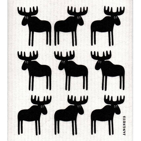 The Dish Cloth: Moose features rows of identical black moose in a 3x3 grid on a white eco-friendly Swedish dish cloth for a charming, nature-inspired look.