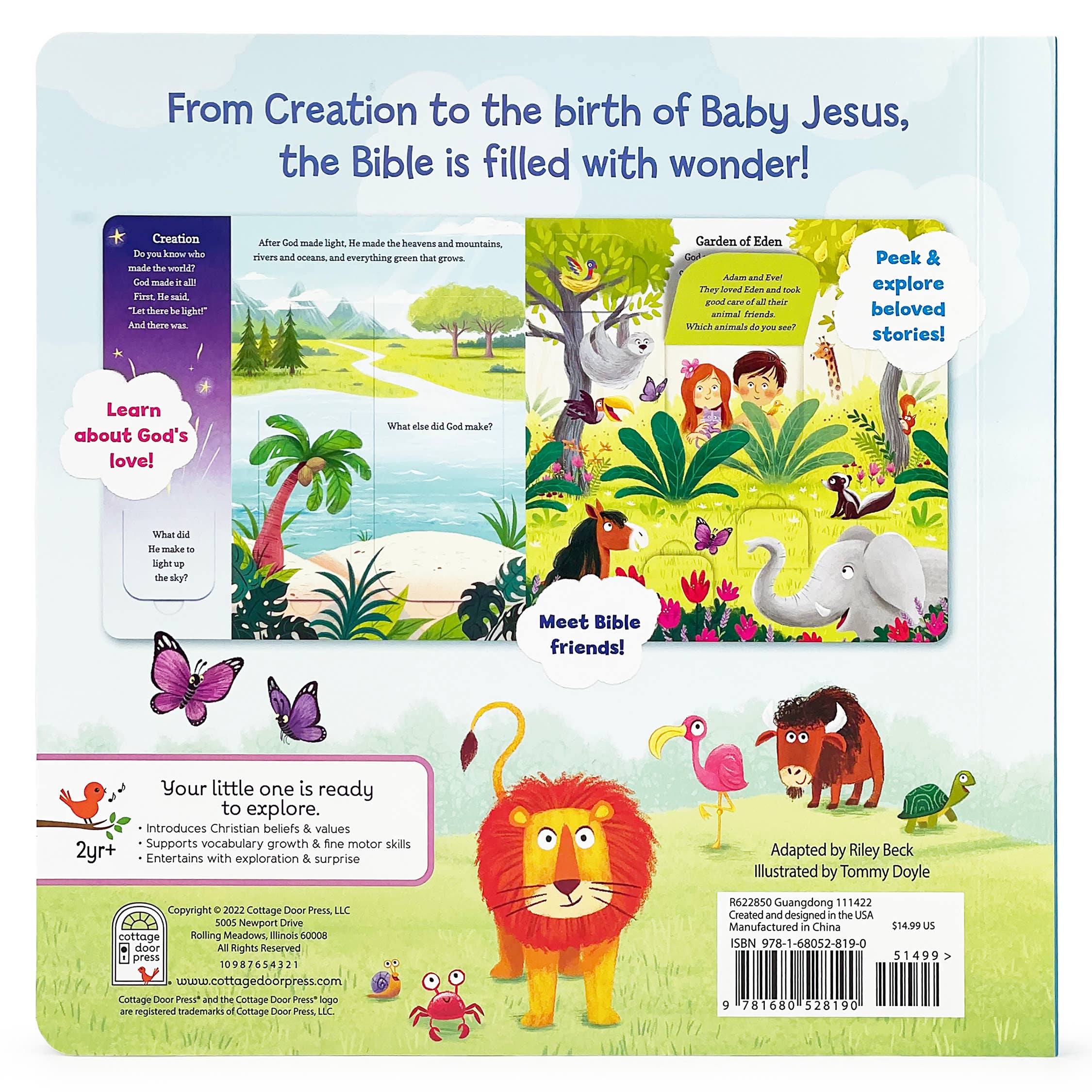 The back cover of the Book: Best-Loved Bible Stories Lift-a-Flap Board Book features vibrant animal and plant illustrations, sample pages, age suggestions, and engaging text—inviting children to explore this delightful Christian board book.