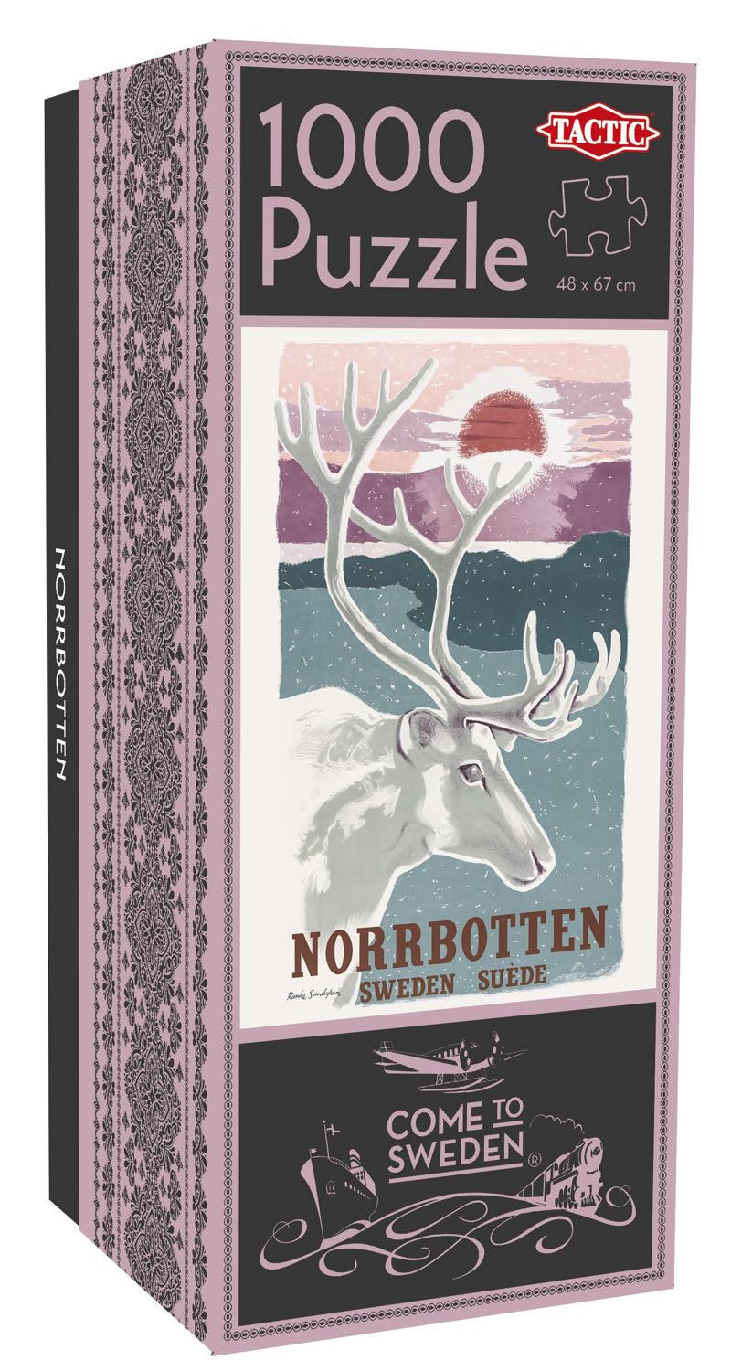 This puzzle box, titled "Puzzle: Norrbotten Sweden (1000 Pieces)," showcases a jigsaw with 1000 pieces depicting a reindeer set against a pastel-colored landscape reminiscent of vintage travel posters.