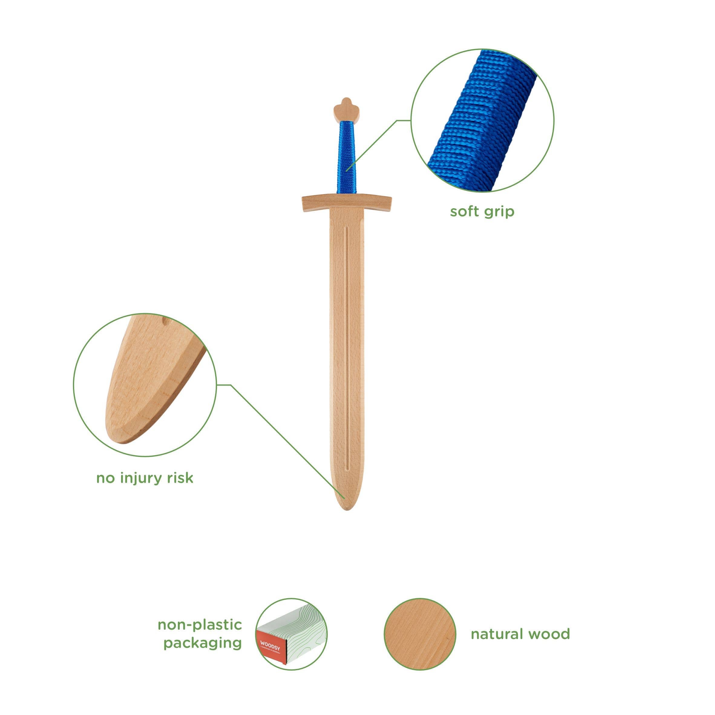 This big double-edged wooden toy sword features a blue soft grip handle, echoing the colors of the Swedish flag, and includes a curved cross-guard with an angled shield for added safety. Made from natural wood materials, it comes in non-plastic packaging and is perfectly balanced for play and adventure.