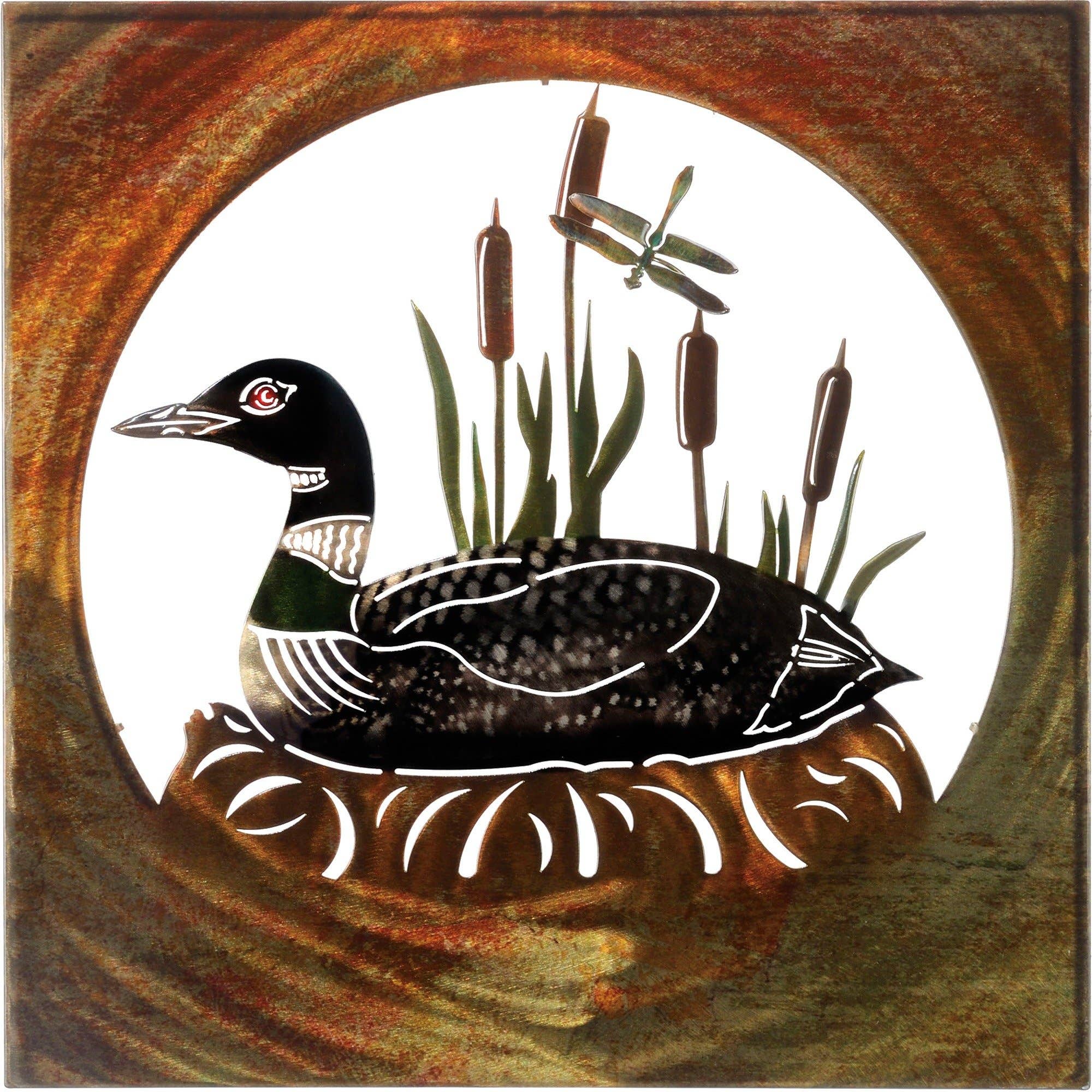 Introducing the exquisite "Wall Decor: Loon Scene Metal Wall Art," featuring a silhouette of a loon nesting among reeds and accompanied by a dragonfly, all elegantly encased within a circular frame.