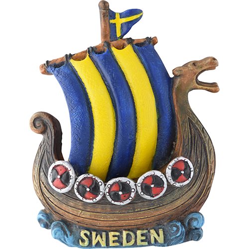 A Magnet of a Viking ship model features vibrant yellow and blue sails, adorned with a Swedish flag and the word "Sweden" displayed on its base.