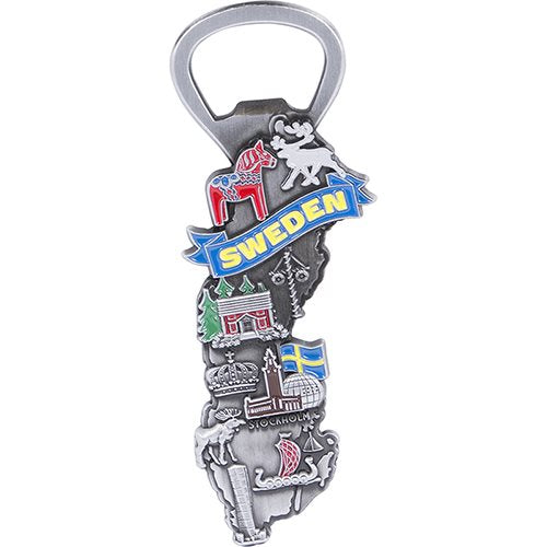 The "Magnet: Sweden Map with Bottle Opener" embodies Scandinavian allure with its distinctive shape resembling Sweden, vivid depictions of iconic Swedish landmarks and a moose, and the word "Sweden" prominently featured in bold letters.
