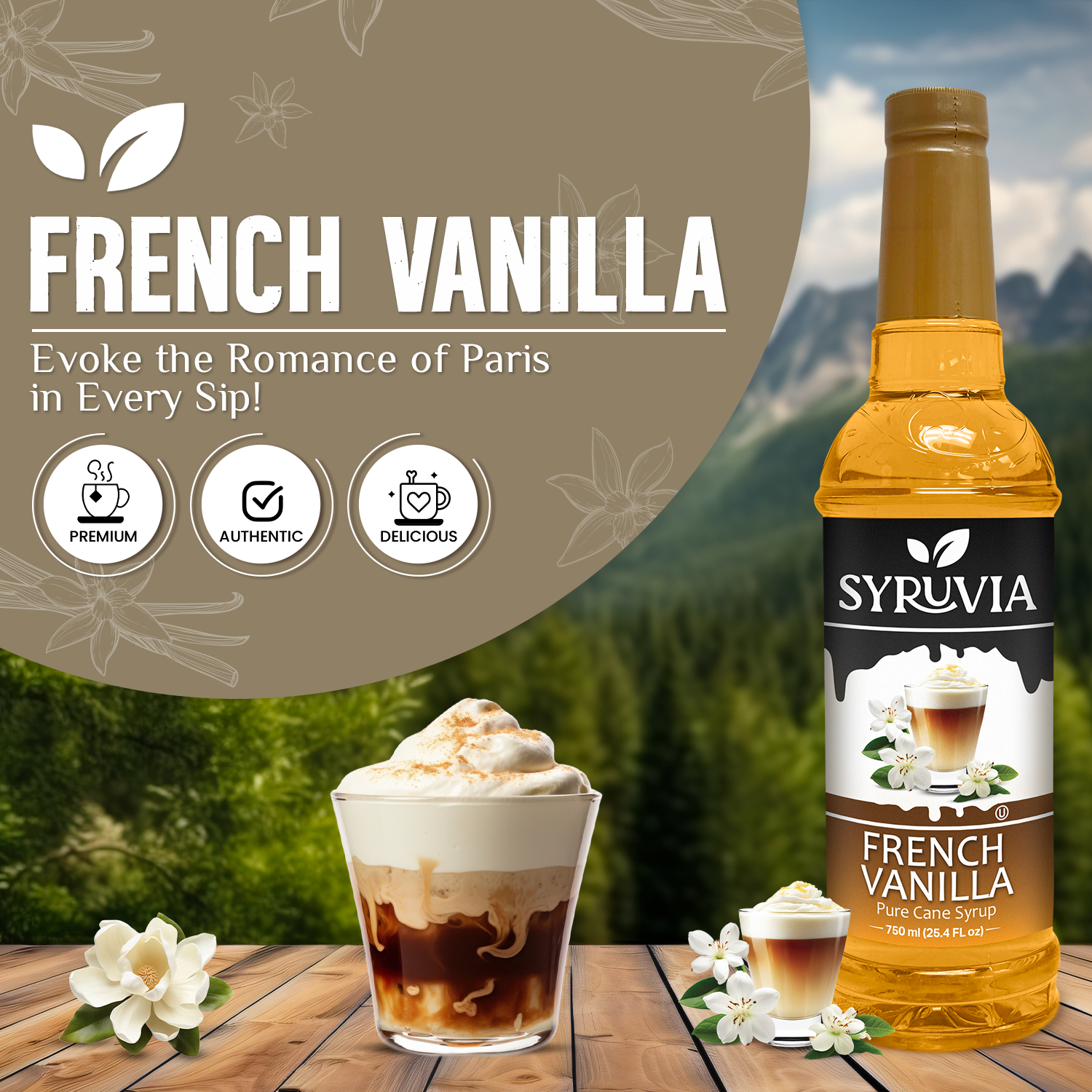 A bottle of Syruvia French Vanilla Coffee Syrup with real cane sugar and a glass of creamy iced coffee, surrounded by vanilla flowers against a mountain backdrop. Enjoy this naturally sweet, gluten-free treat.