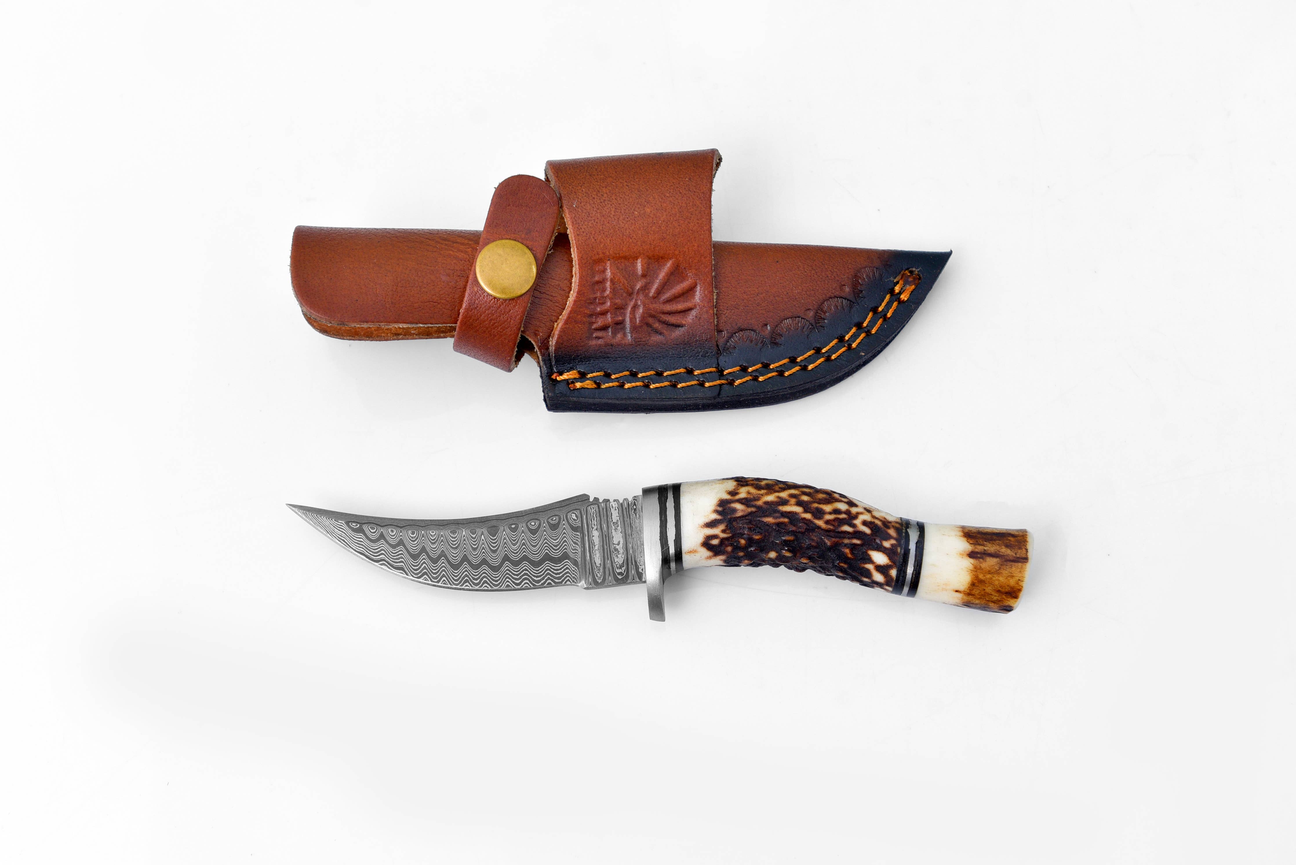 The Knife: Deer Horn Trailblazer Damascus by Titan features a Damascus blade and stag horn handle, shown beneath a brown leather sheath with buttoned strap and embossed design.