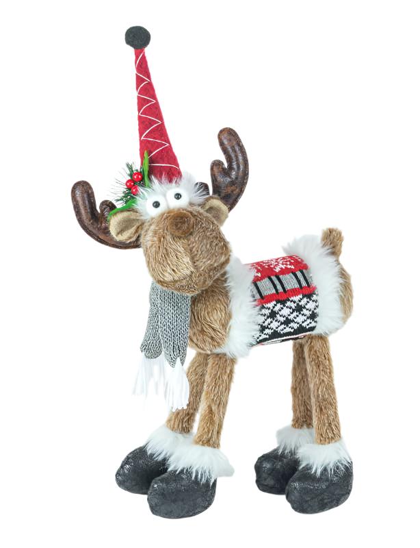 The Dashing Moose Stander is dressed in a red knit hat, a gray scarf, and a cozy patterned sweater.