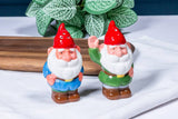 Shakers: Garden Gnomes - Salt & Pepper Shakers feature two ceramic gnomes with red hats, white beards, and colorful outfits on a white cloth; one has its hand raised. A plant and wooden board are visible in the background.