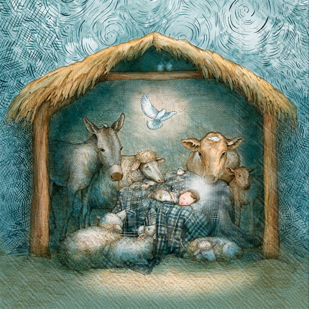 Illustration of baby Jesus in a manger with animals under a straw shelter and a white dove flying above—featured on Napkins: Peace Nativity Christmas Scene Cocktail Napkins 20 pkg.