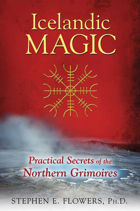 Book cover with a yellow Galdrabók-inspired magical symbol on a red misty background, and bold title text in yellow, white, and red.