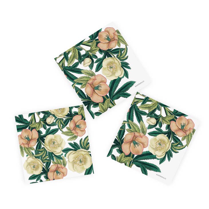 Three Helleborus napkins, each with a square shape, display a floral design featuring pink and yellow Christmas roses along with green leaves. They are made from environmentally friendly FSC paper.