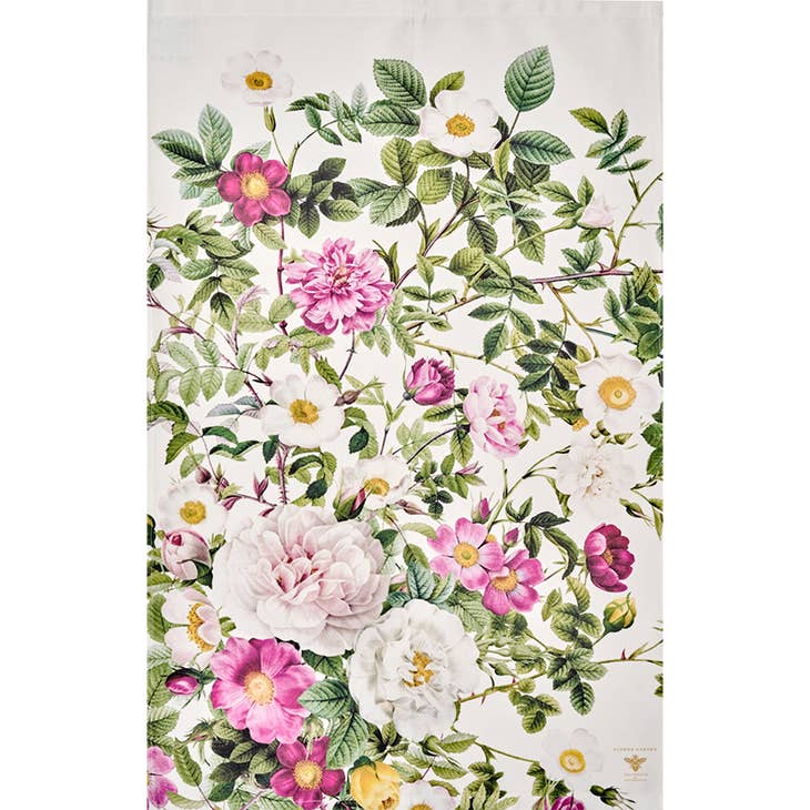 The Tea Towel: Rose Flower Garden Tea Towel showcases a floral pattern with roses and peonies in pink, white, and yellow, printed on organic cotton against a light background. Inspired by Jim Lyngvilds designs, it adds elegance to your kitchen décor.