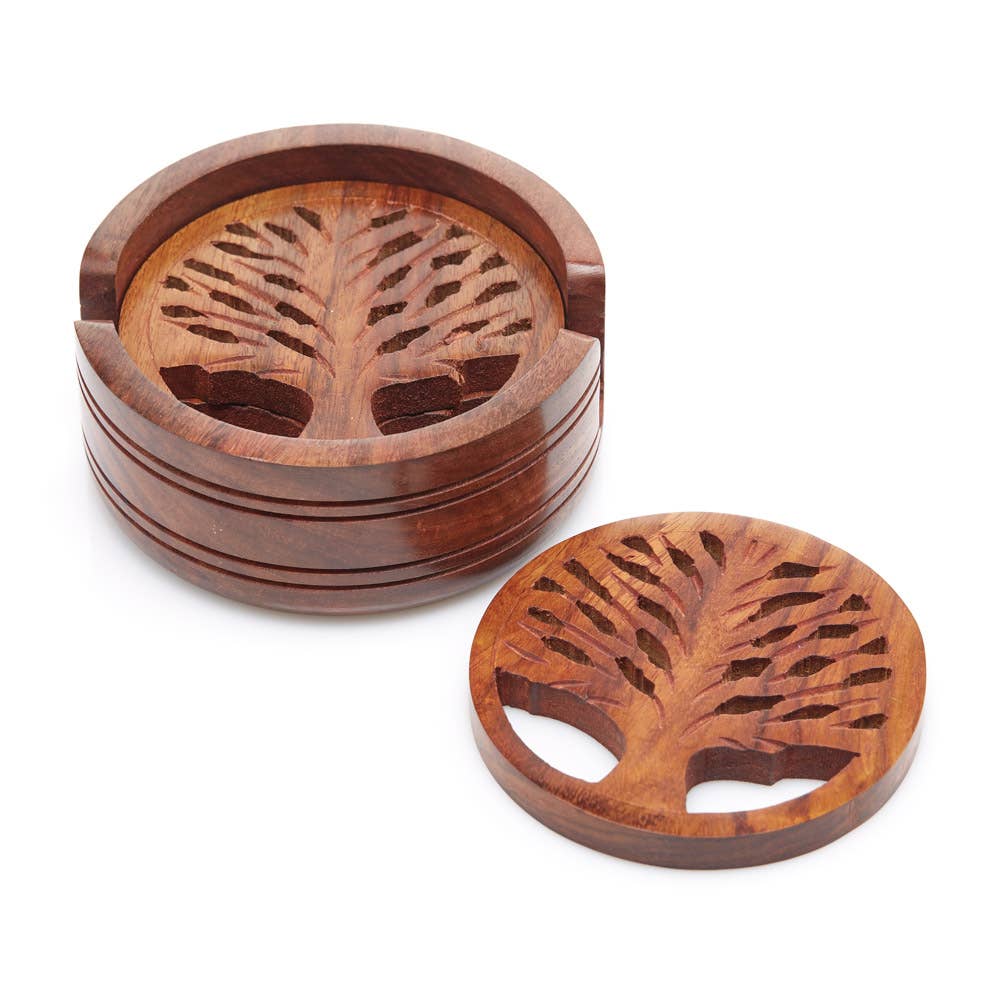 Set of 4 Tree of Life Handcrafted Wood Coasters, featuring one coaster beside the stack in its holder.