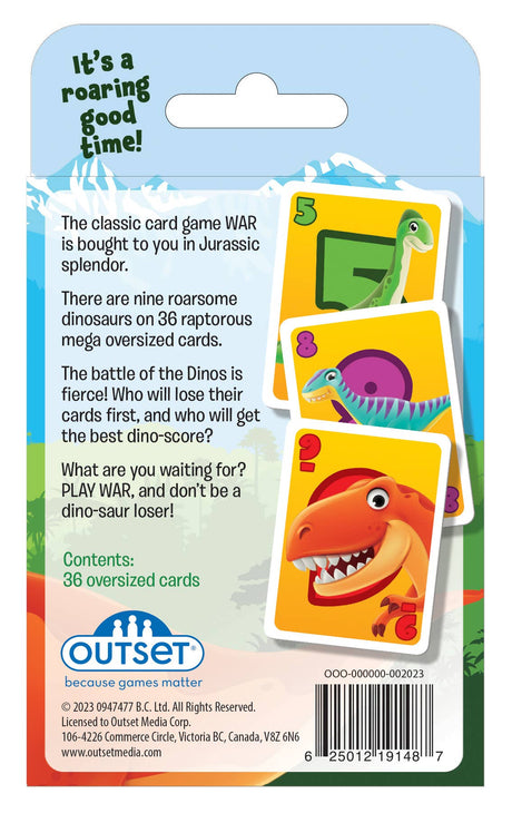 Explore the exhilarating Playing Cards: Dinosaur War Card Game, featuring vibrant dinosaur illustrations on oversized cards numbered 5, 8, and 10. Engage in a dino battle with 36 massive cards and experience a prehistoric WAR adventure!.