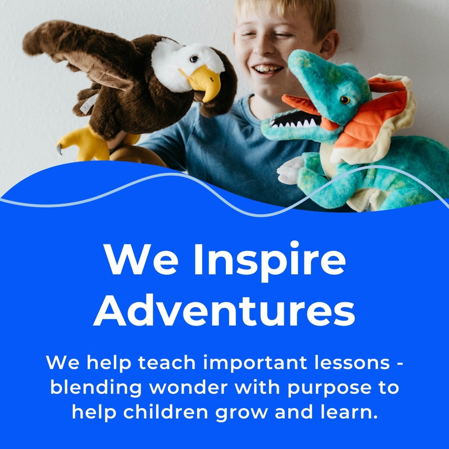 A smiling child holds a Mermaid Plush Doll with Braids & Sea Turtle from Faire - The Petting Zoo above a blue banner that reads, “We Inspire Adventures.” Alongside their sea turtle companion, this plush helps teach important lessons—blending wonder with purpose to help children grow and learn.