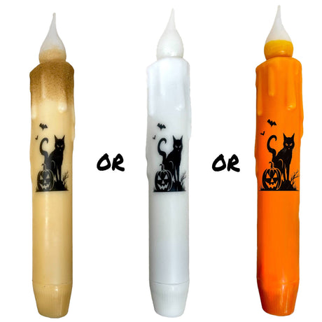 The Black Cat Halloween LED Battery Operated Timer Taper Candle in white is perfect for festive Halloween decor, featuring a spooky black cat design and safe battery operation for easy seasonal decorating.