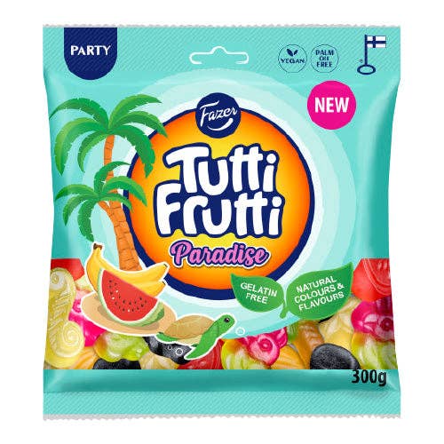 The Fazer Tutti Frutti Paradise Large Party Bag, weighing 300 g, boasts exotic fruit flavors and vibrant graphics. This package is gelatin-free, vegan, palm oil-free, and made with natural colors and flavors.