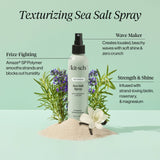 KITSCH Spray: Texturizing Sea Salt Hair Spray with Rosemary & Biotin (6 fl oz) is pictured on sand alongside rosemary, a flower, and vanilla beans—showcasing its frizz-fighting, wave-enhancing, and strengthening benefits with key ingredients like biotin, rosemary, and magnesium. This vegan hair product is the ideal beach waves spray for effortlessly tousled texture and extra volume.