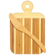 The Striped Paddle Serving and Cutting Board from our gift set, crafted with alternating light and dark stripes, features a convenient hole at the top edge. A wooden spreader knife rests diagonally across this versatile piece, making it perfect for both preparing and elegantly presenting your culinary creations.