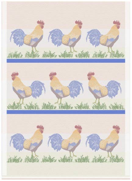 The Mierco-exclusive Swedish Rooster Jacquard tea towel showcases three rows of roosters with red combs and blue tails, set against blue stripes and green grass, adding charm to any kitchen.