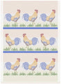 The Swedish Rooster Jacquard Tea Towel by Ekelund Master Weavers features eight roosters with blue tails and red combs, standing in two rows on grass, separated by blue lines, inspired by classic European design.