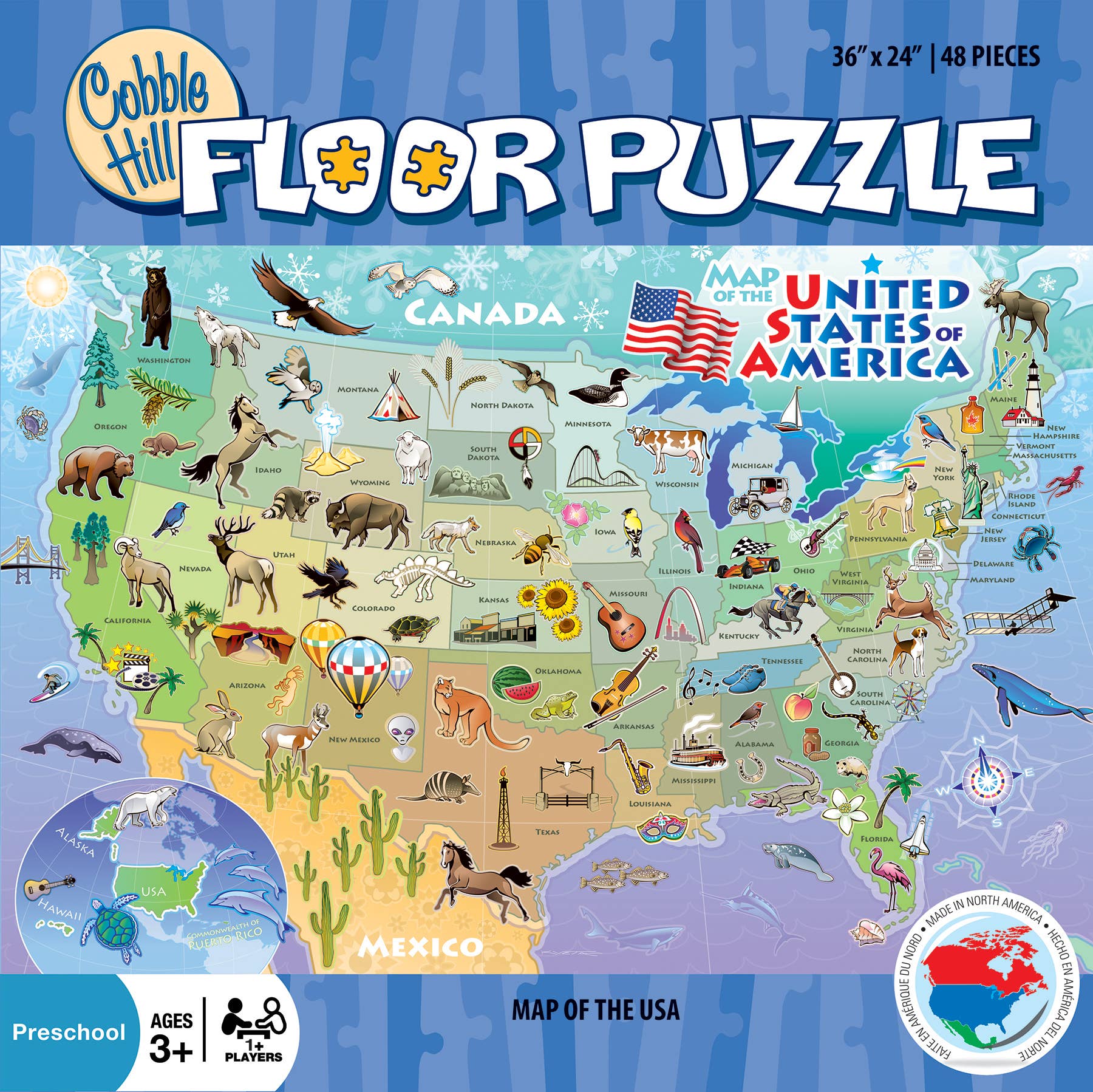 This 36-piece floor puzzle, "Map of the USA," showcases animals, landmarks, and geographical features of the United States. With an age recommendation for ages 3 and up, this illustrated puzzle offers a fun way to learn about the states while incorporating a puzzle logo for added engagement.