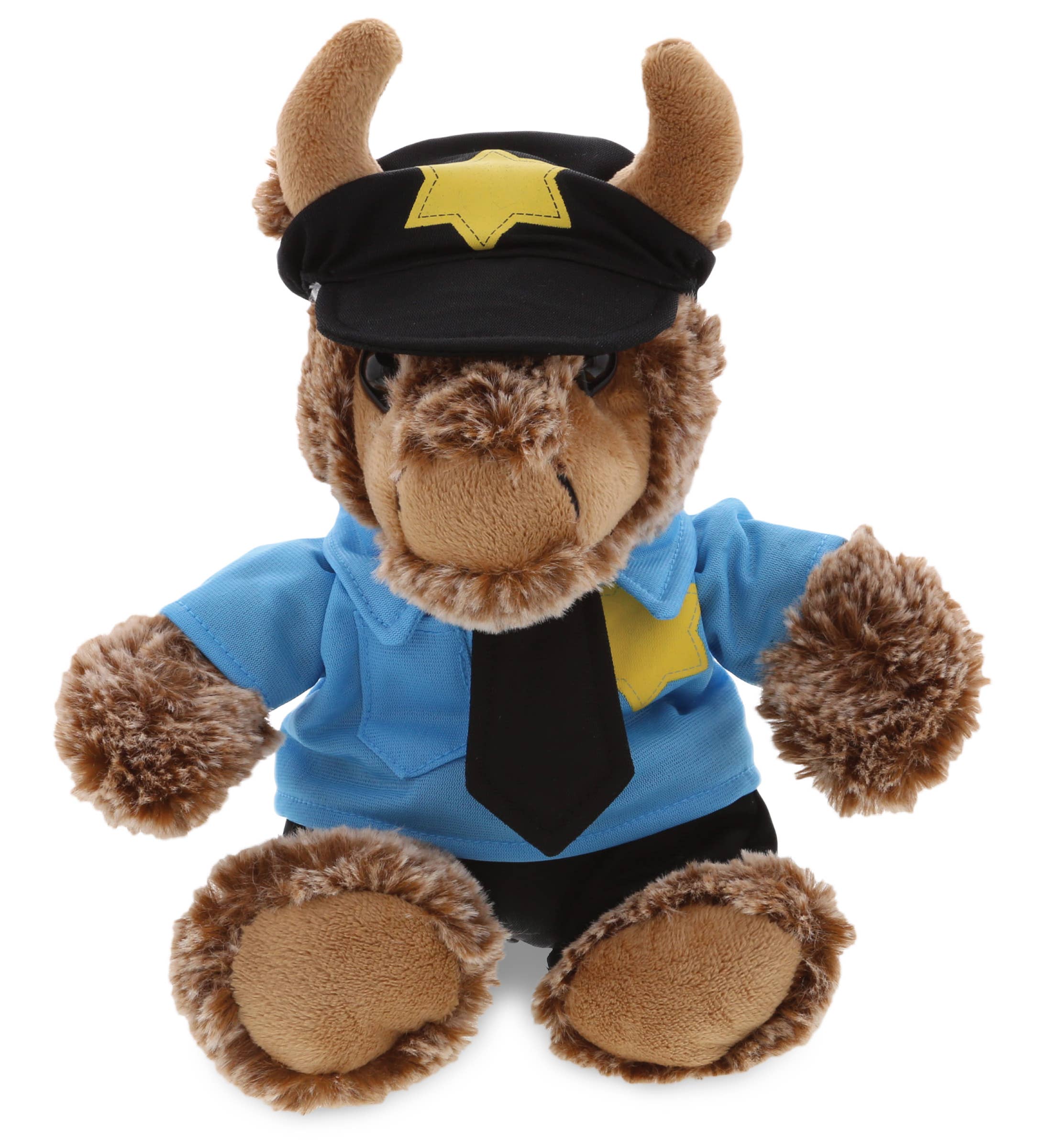 The Plush: Sitting Buffalo Police Stuffed Animal is dressed as a police officer with a blue uniform, black tie, and black hat featuring a yellow star badge.