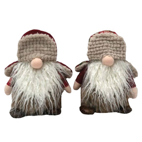 Two plush Scandinavian gnome dolls with long white beards, round pink noses, brown hats, and red sleeves.