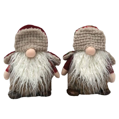 Two plush Scandinavian gnome dolls with long white beards, round pink noses, brown hats, and red sleeves.