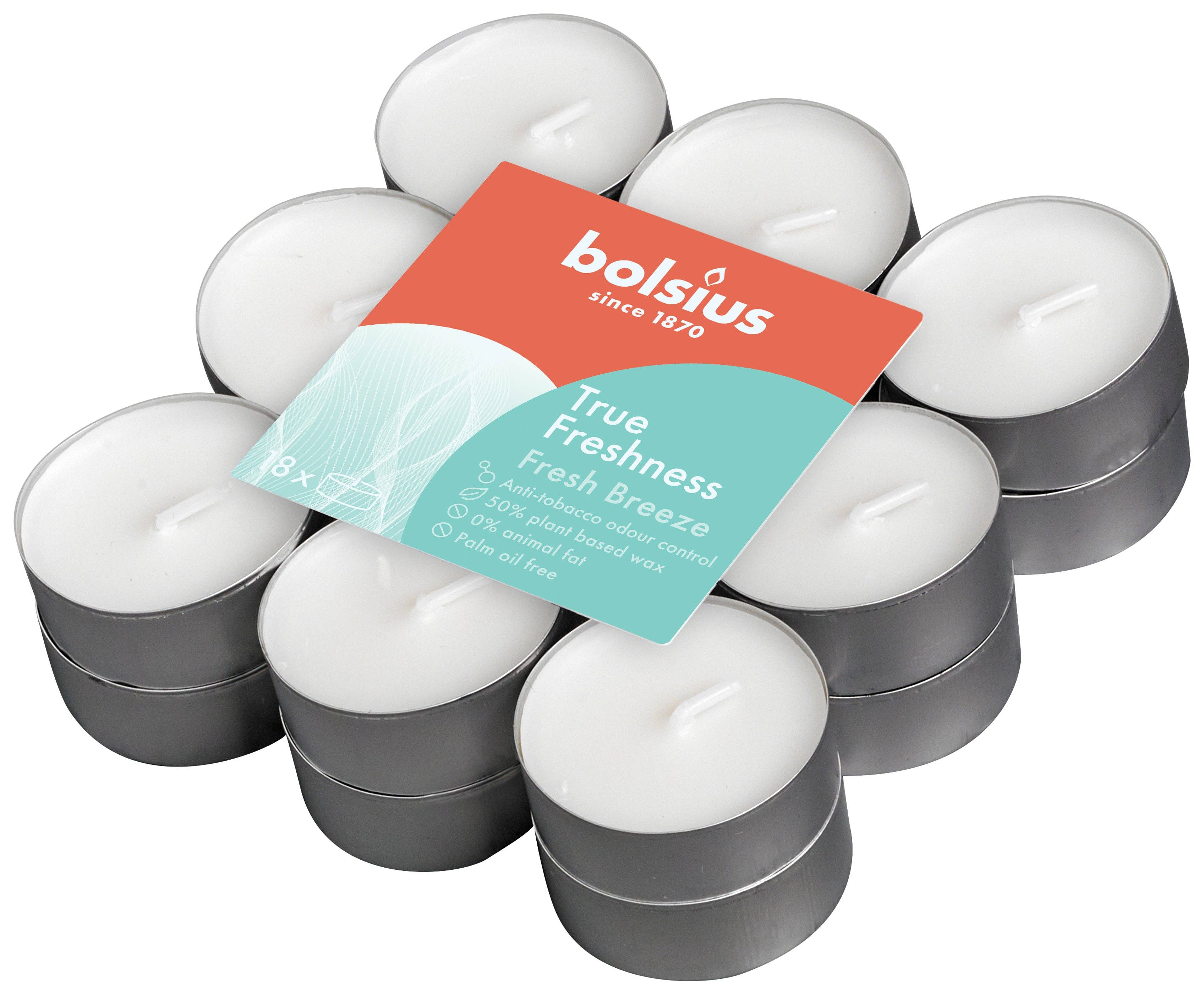 An 18-pack of high-quality fragranced tealight candles with metal holders, under the name "Candle: Tealight - Fresh Breeze Scent," exudes a refreshing scent labeled Bolsius since 1870.