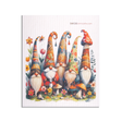Swedish Dish Cloths featuring five garden gnomes in colorful hats surrounded by flowers, plants, and mushrooms against a bright illustrated background.