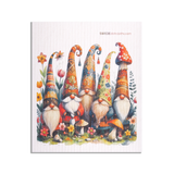 Swedish Dish Cloths featuring five garden gnomes in colorful hats surrounded by flowers, plants, and mushrooms against a bright illustrated background.