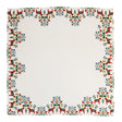 The Leksand Dala Horse and Kurbits Tablecloth is a square white tablecloth with a decorative border of red Dala horses and colorful floral patterns in green, blue, yellow, and orange.