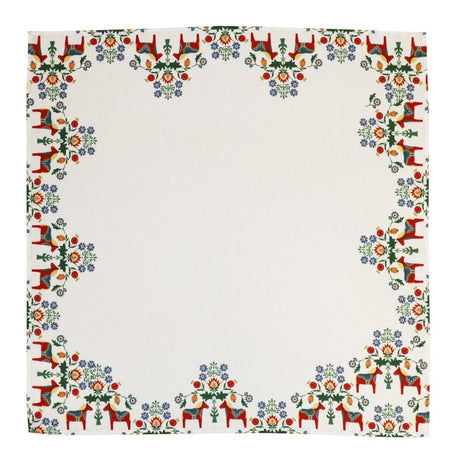 The Leksand Dala Horse and Kurbits Tablecloth is a square white tablecloth with a decorative border of red Dala horses and colorful floral patterns in green, blue, yellow, and orange.