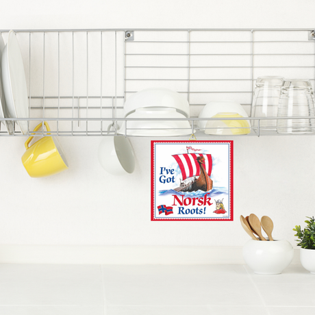 The 6x6 inch "I've Got Norsk Roots" Norwegian Wall Tile features a Viking ship and flag—perfect as a unique Norwegian wall decor piece or a special gift for anyone proud of their Norwegian heritage.