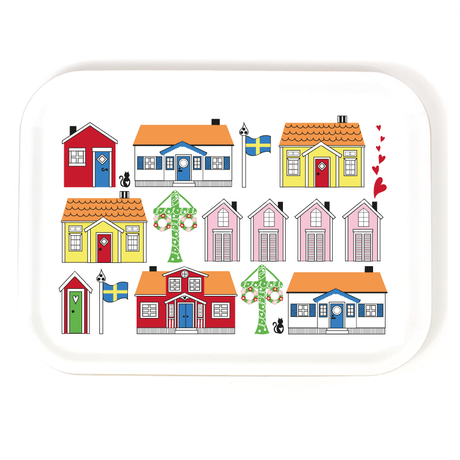 The Tray: Swedish Cottages Decorative Tray 8"x11" Birch Veneer by Anneko Sweden features colorful Swedish-style houses, trees, flags, and hearts in a charming Nordic grid—perfect for adding Scandinavian decor flair to your home.