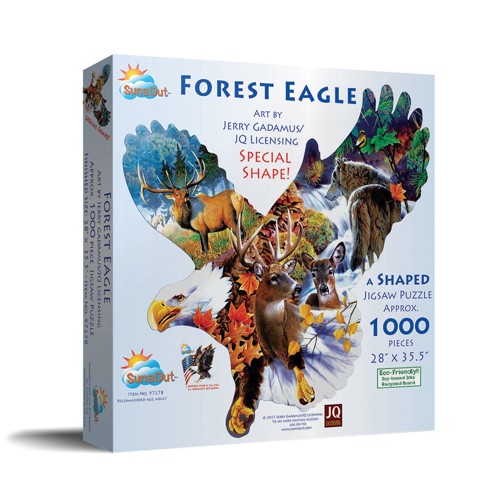 Explore the eco-friendly 1,000-piece Forest Eagle shaped jigsaw puzzle that beautifully features artwork by Jerry Gadamus. This vibrant piece from SunsOut highlights forest animals and landscapes, providing a unique challenge for puzzle enthusiasts.