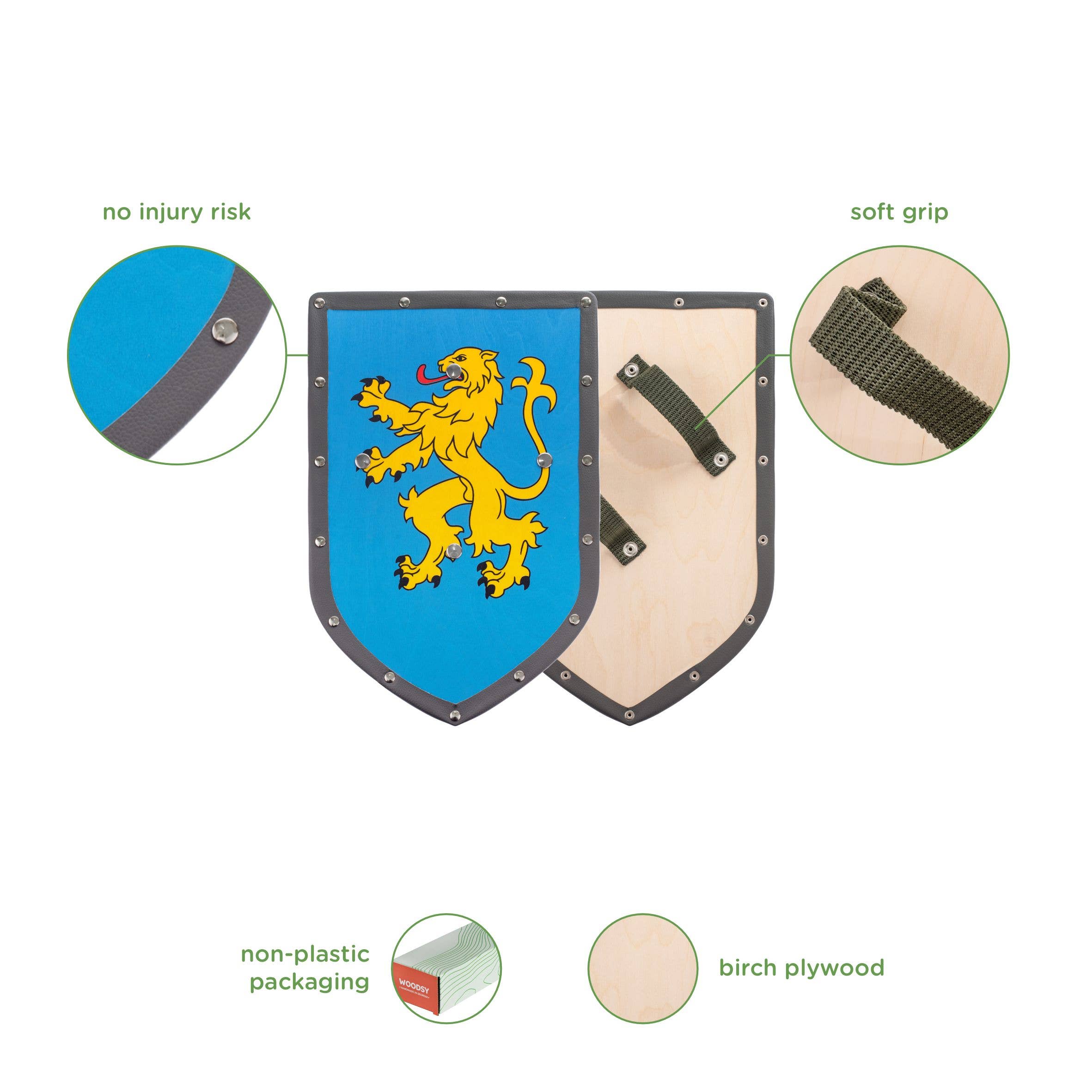 This shield, designed in blue and wood tones that echo Swedish flag colors, highlights a bold lion emblem. Made from birch plywood, it incorporates a comfortable grip and safe rounded edges. Thoughtfully packaged without plastic, it makes an exceptional addition to any Big Double-Edged Sword with Curved Cross-Guard & Angled Shield collection.